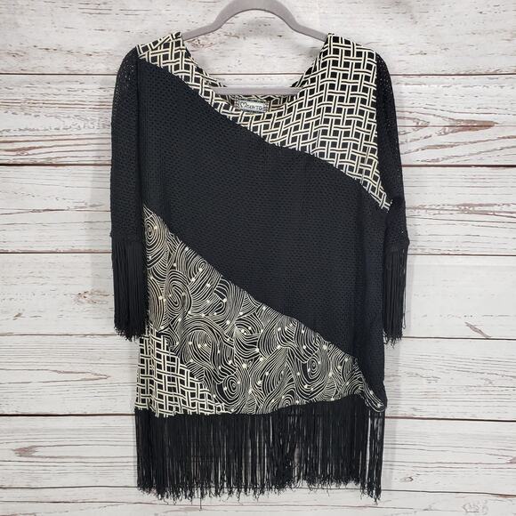 Molato Women's Black Color block Fringe 3/4 Sleeve Top Size Small - Picture 1 of 9